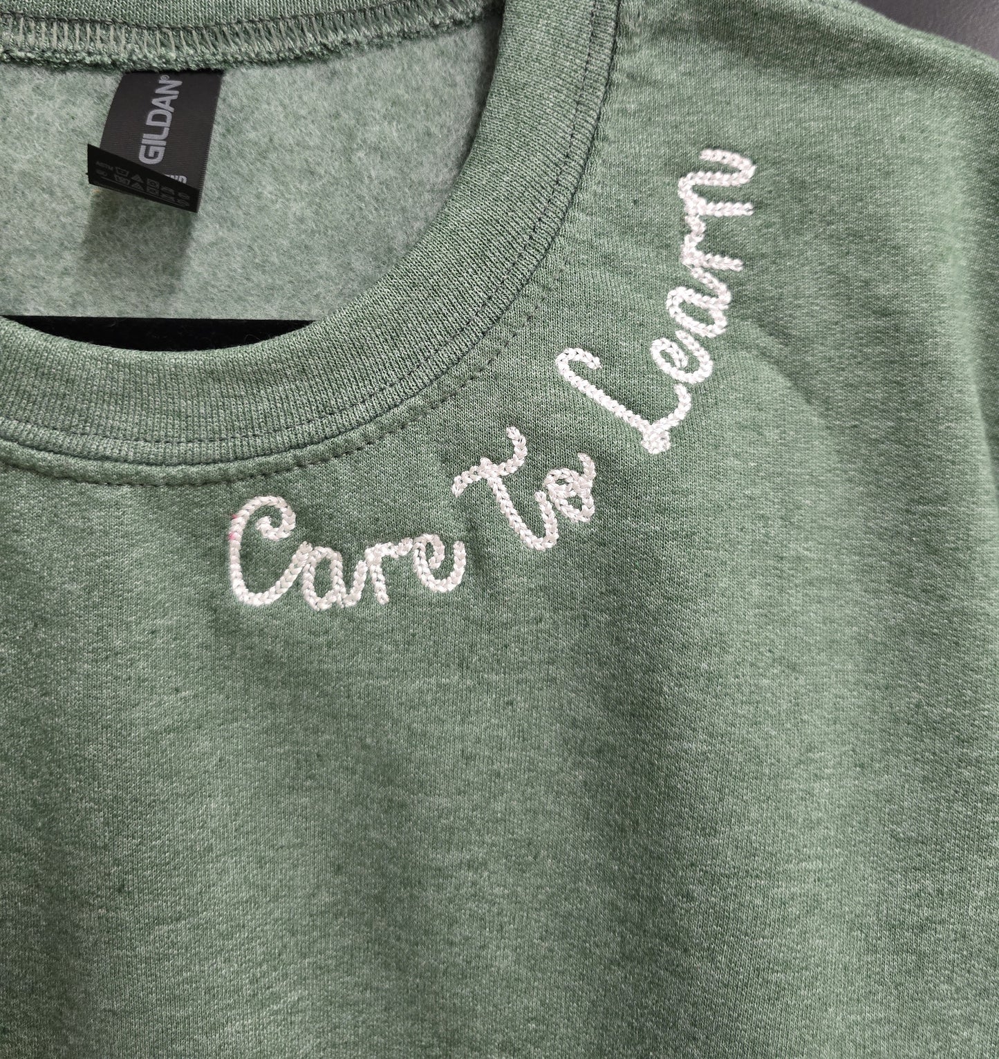 Sweatshirt: Care to Learn Neck Detail Sage Green
