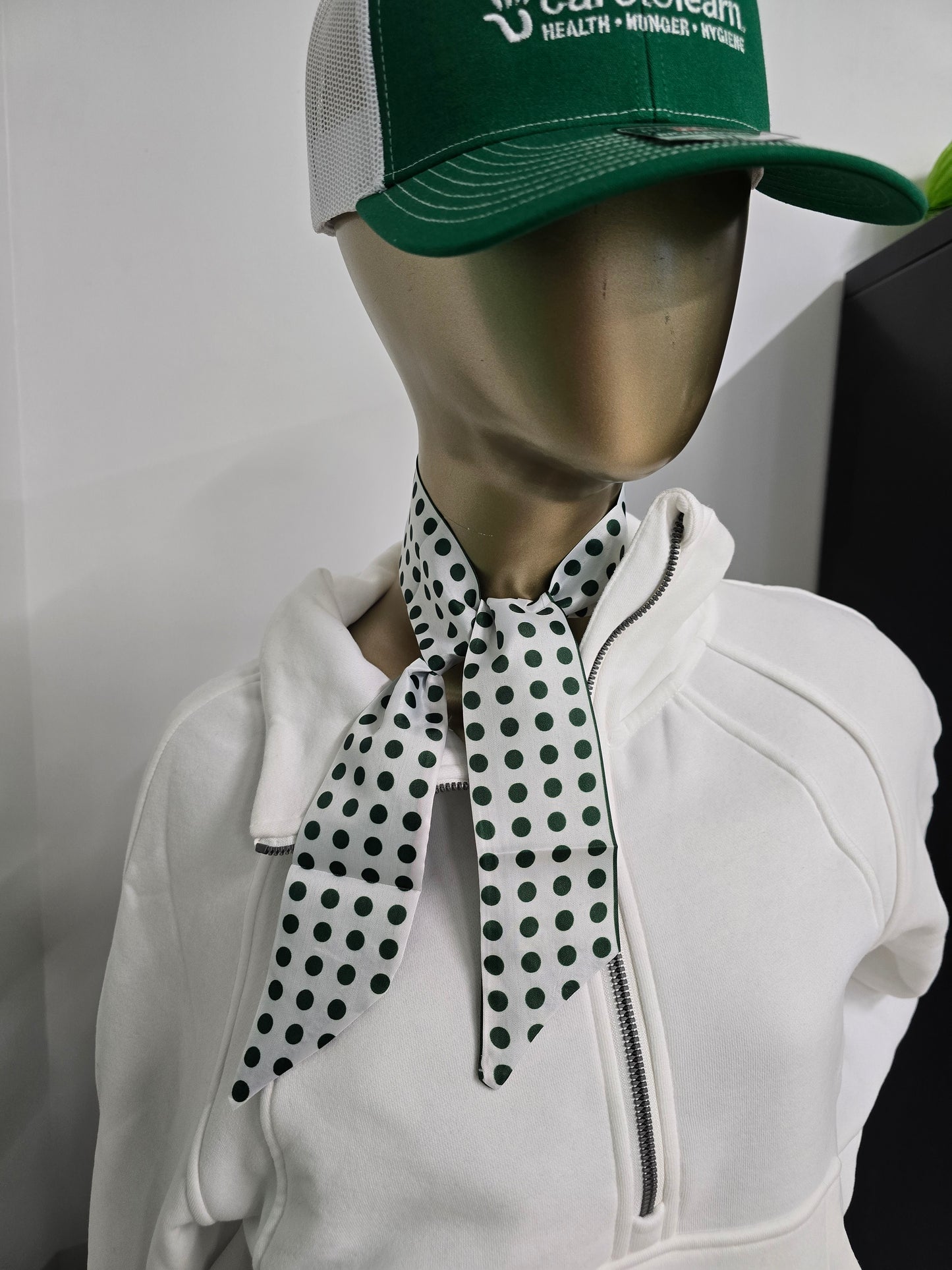 Scarf: Silky Dark Green & White Polka Dot
