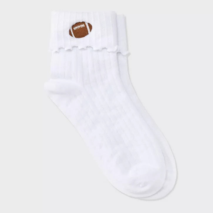 Women's Game Day Embroidered Football Pointelle Bobby Socks with Lettuce Edge Cuff