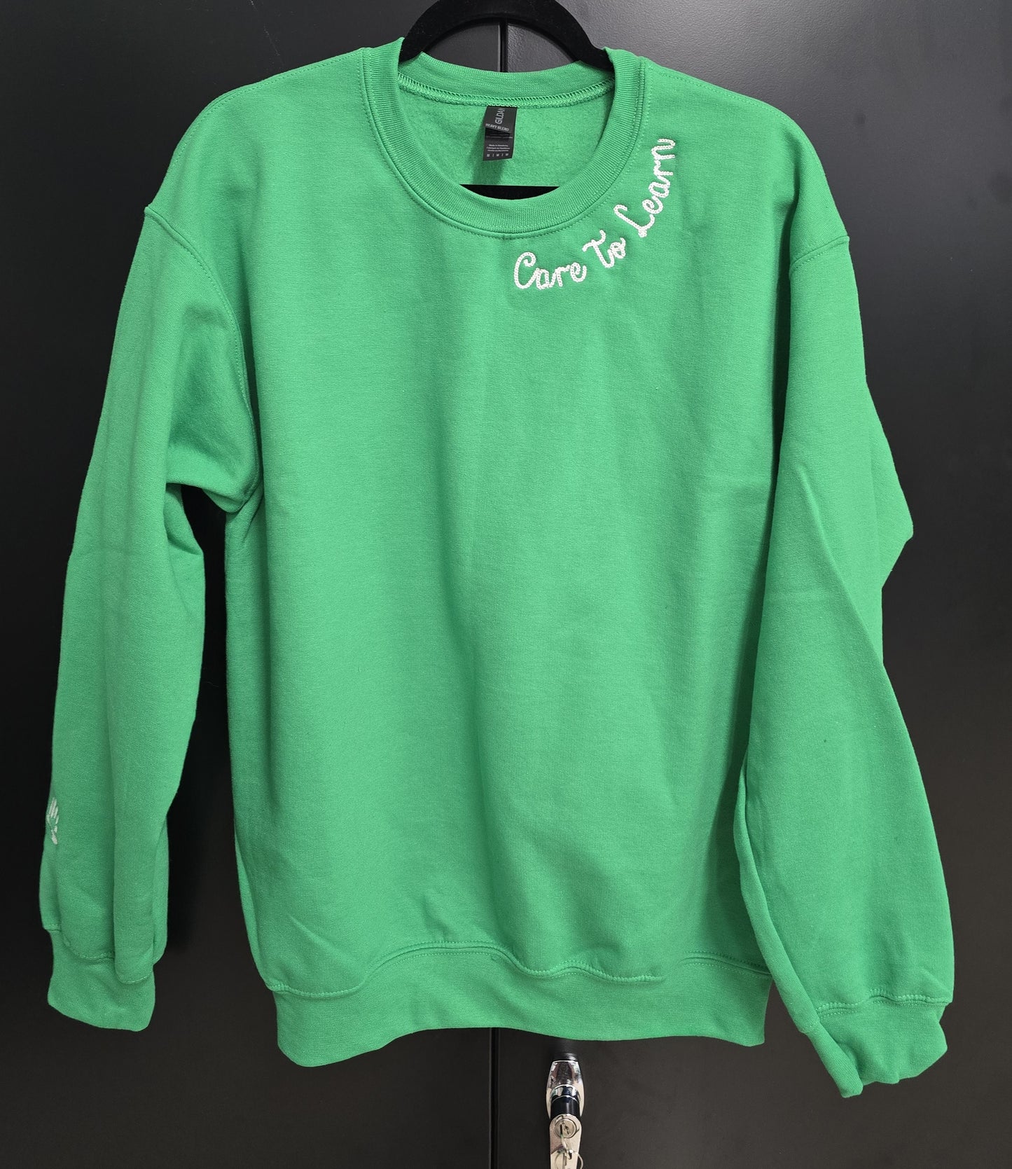 Sweatshirt: Care to Learn Neck Detail Kelly Green