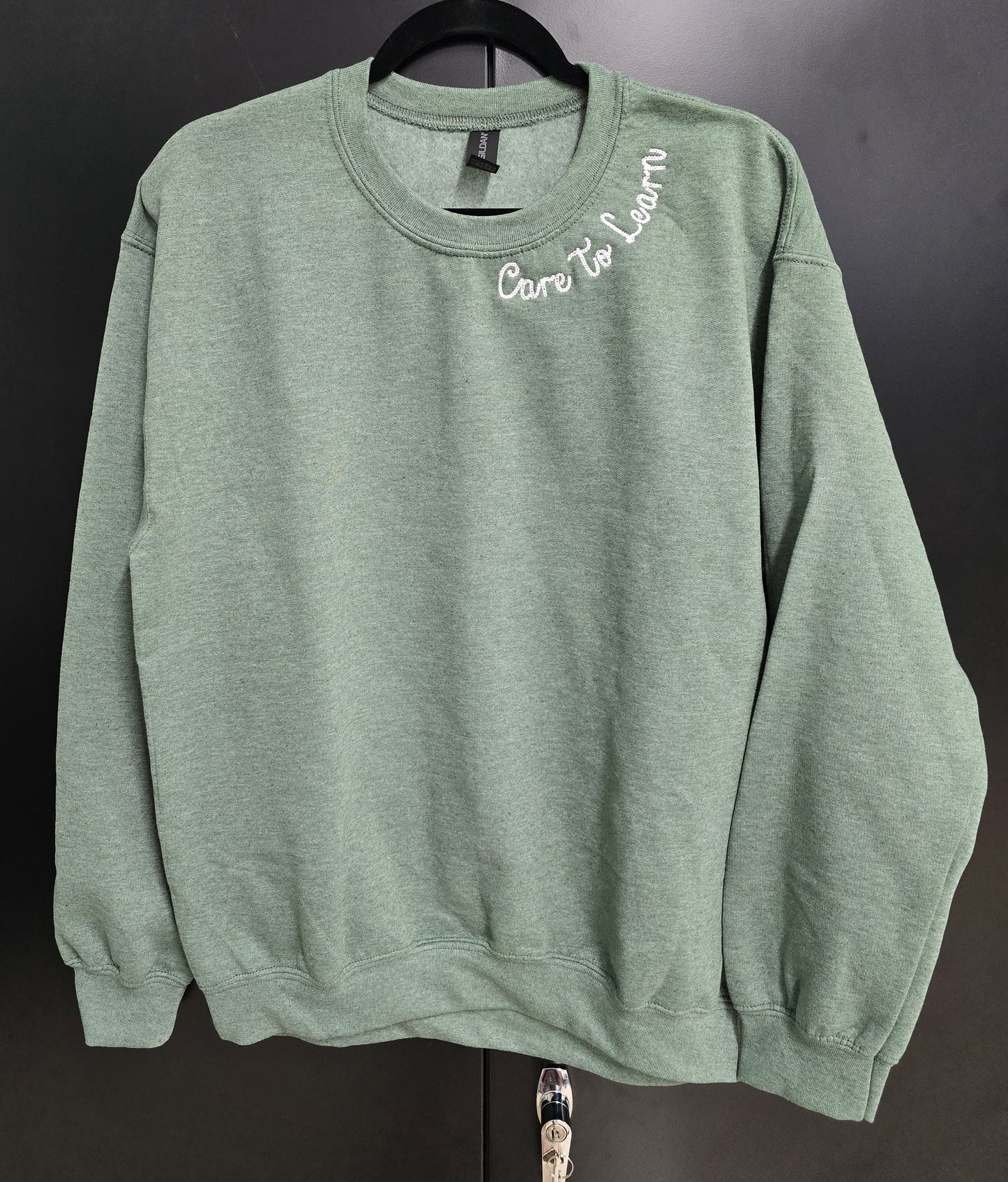 Sweatshirt: Care to Learn Neck Detail Sage Green