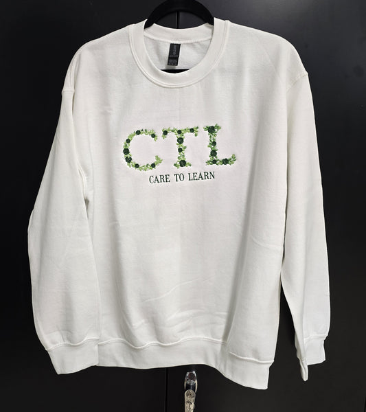 Sweatshirt: Care to Learn White Floral Emboridery