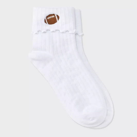 Women's Game Day Embroidered Football Pointelle Bobby Socks with Lettuce Edge Cuff