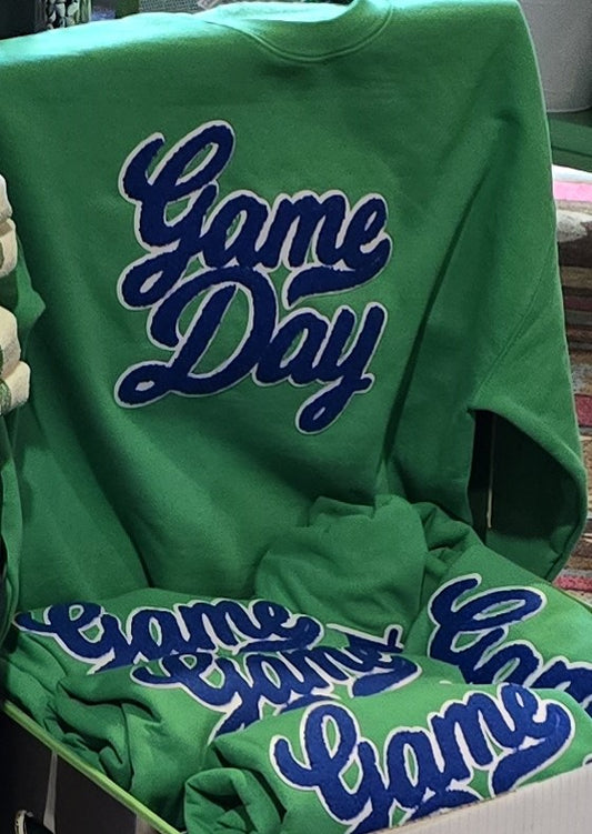Sweatshirt: Game Day Green with Blue Script