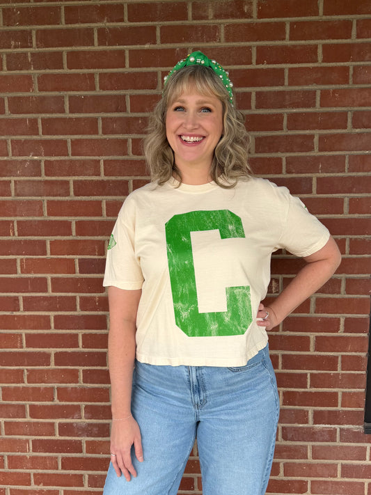 Shirt: Cream Crop 'C' Short Sleeve