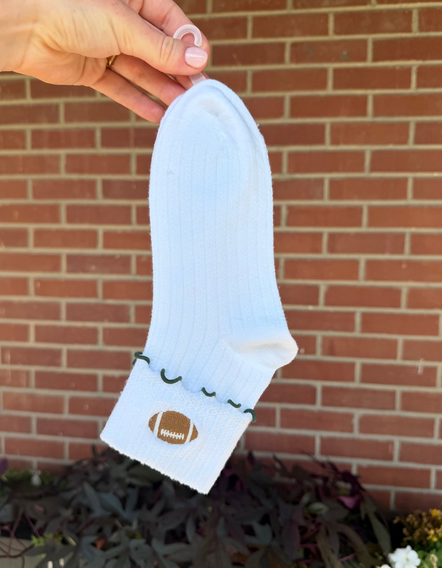 Women's Game Day Embroidered Football Pointelle Bobby Socks with Lettuce Edge Cuff