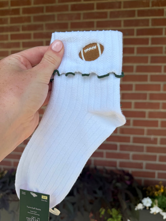 Women's Game Day Embroidered Football Pointelle Bobby Socks with Lettuce Edge Cuff